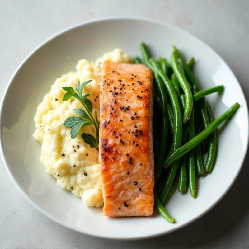 Seared Salmon with Garlic Green Beans and Cauliflower Mash