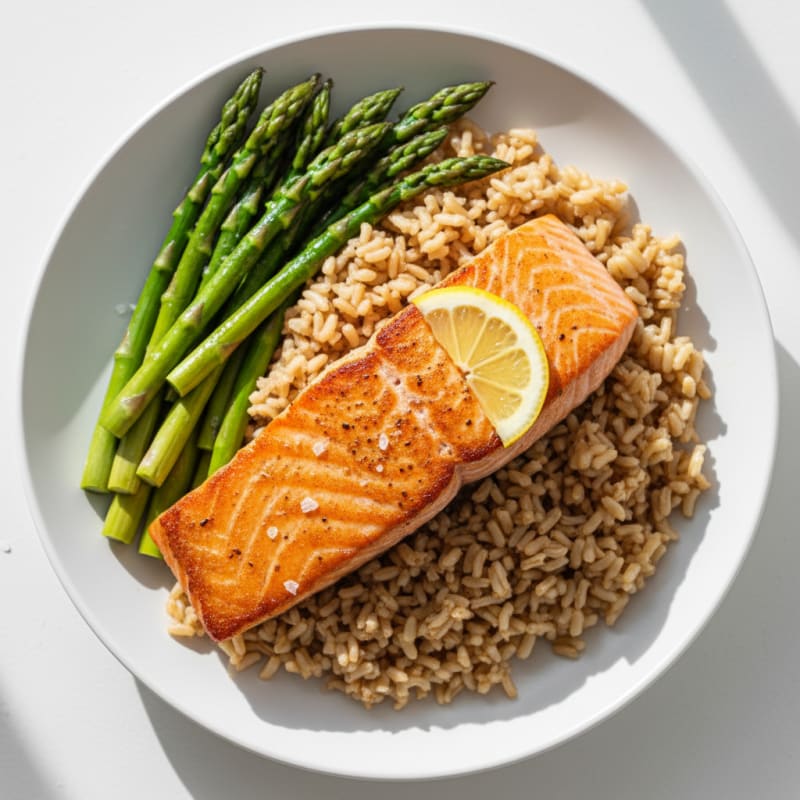 Seared Salmon with Steamed Asparagus and Brown Rice