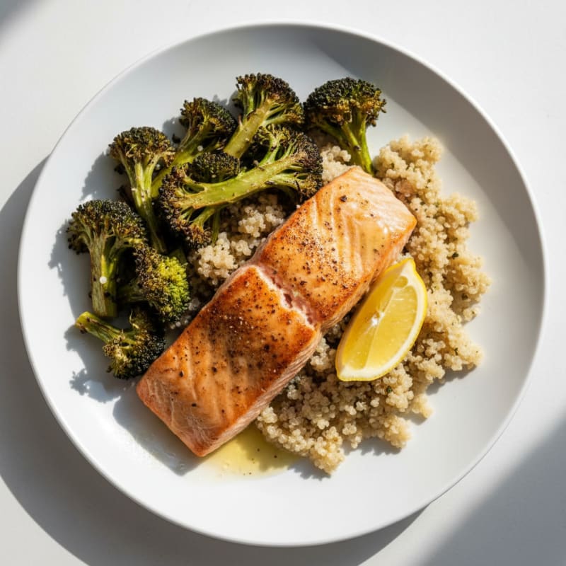 Seared Salmon with Roasted Broccoli and Quinoa