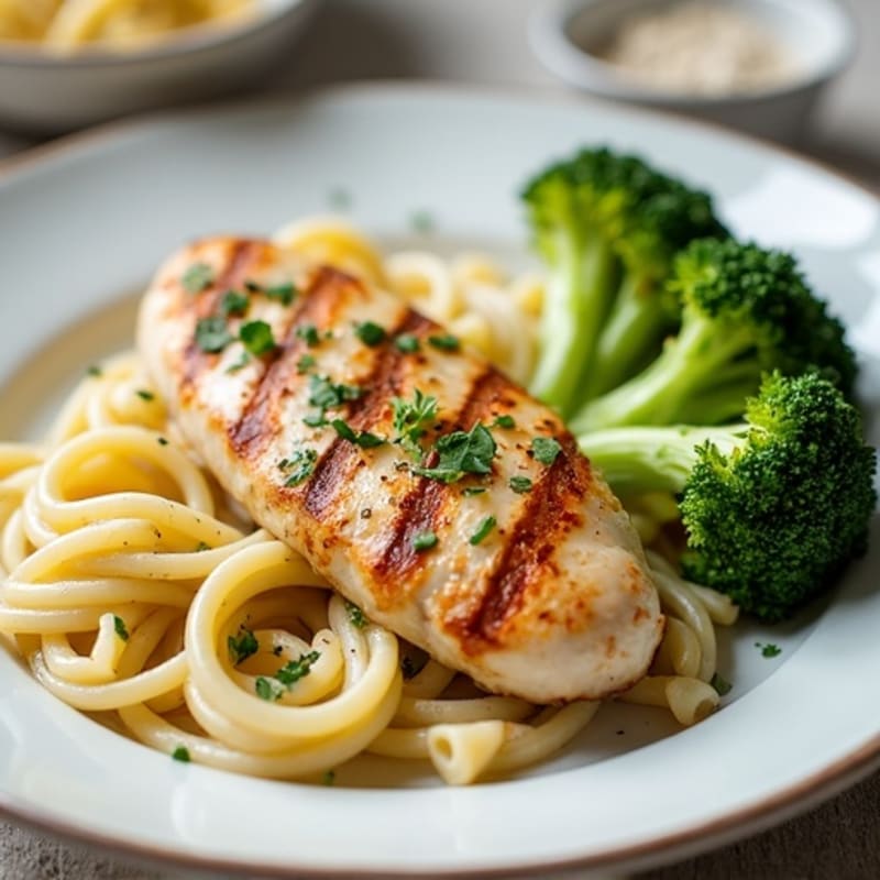 Healthy Creamy Chicken Alfredo with Whole Wheat Pasta and Roasted Broccoli