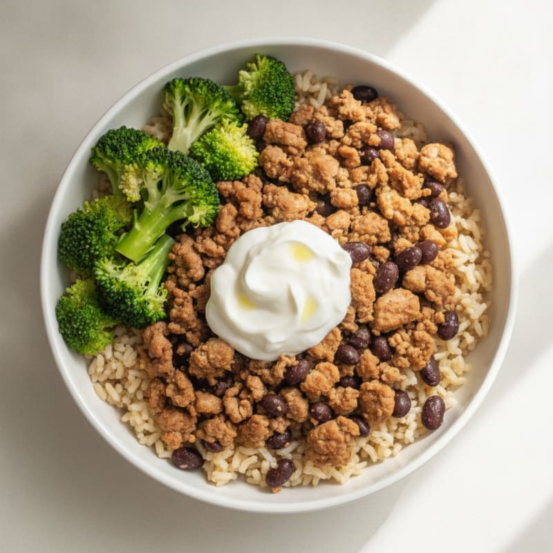 Ground Turkey and Black Bean Bowl with Brown Rice and Broccoli