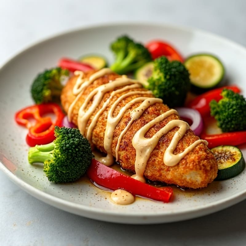 Crispy Spiced Chicken and Roasted Vegetables with Lemon-Tahini Drizzle