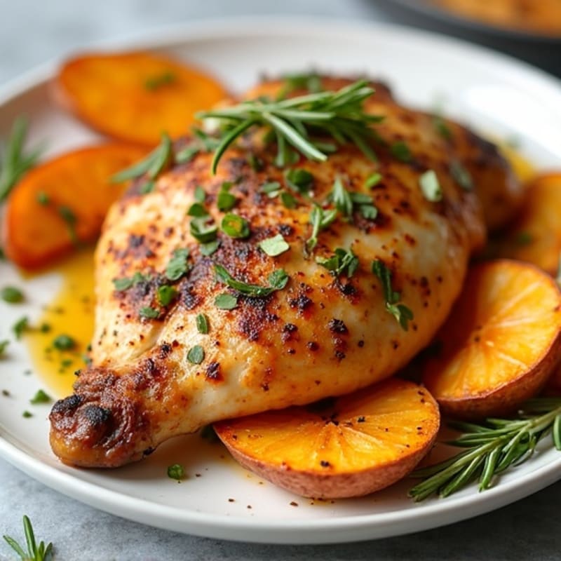Lemon Herb Roasted Chicken with Crispy Sweet Potato Wedges