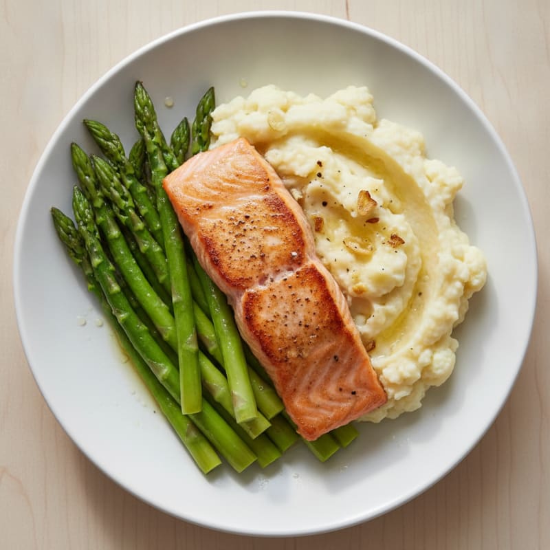 Seared Salmon with Steamed Asparagus and Garlic Mashed Cauliflower