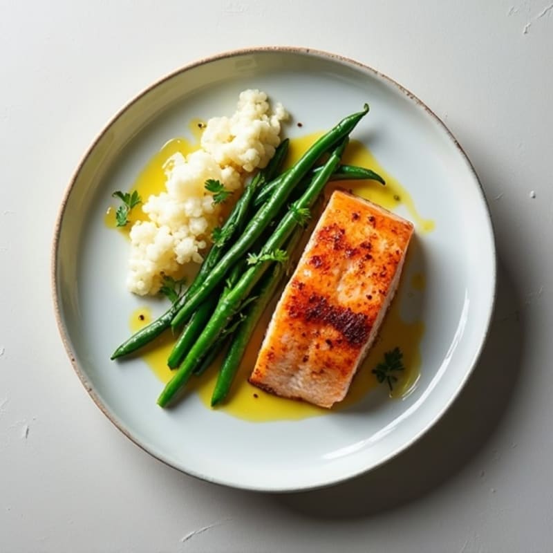 Seared Salmon with Garlic Green Beans and Cauliflower Mash