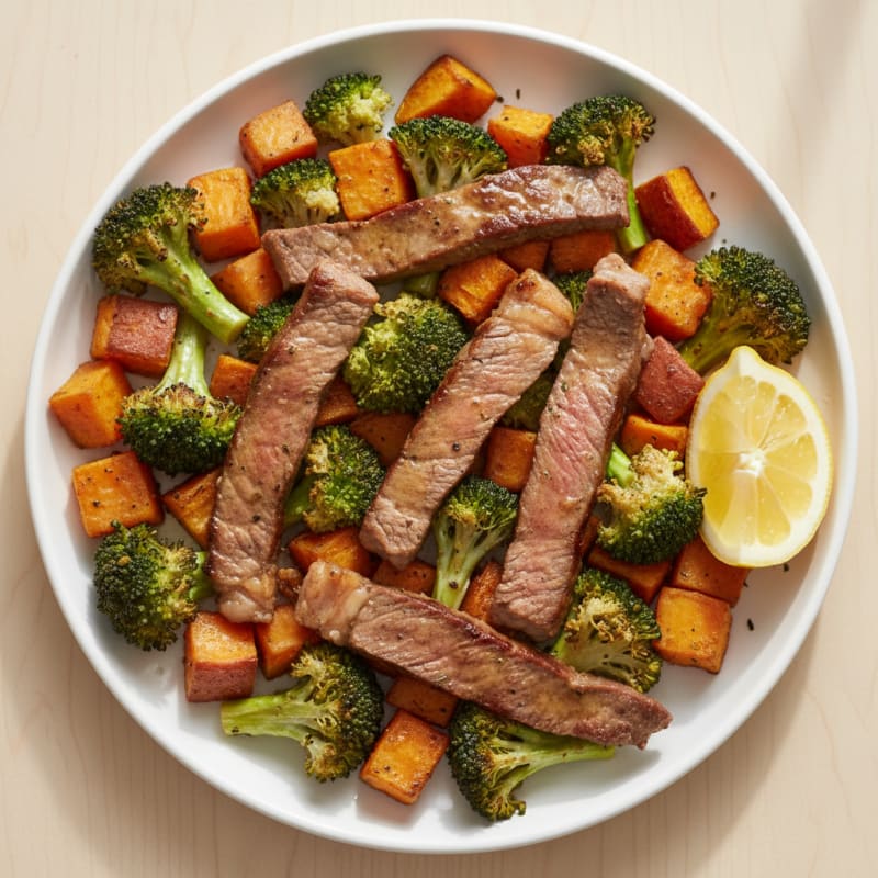 Seared Lean Beef Strips with Roasted Broccoli and Sweet Potato