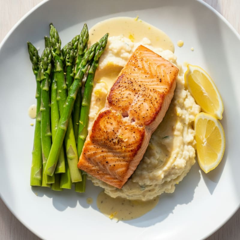 Seared Salmon with Steamed Asparagus and Cauliflower Mash