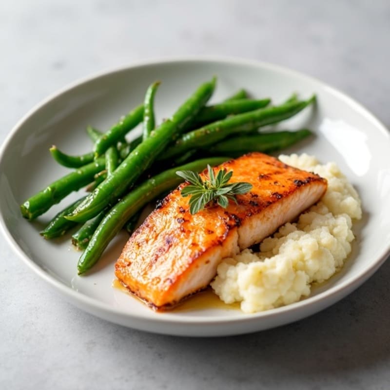 Seared Salmon with Garlic Green Beans and Cauliflower Mash