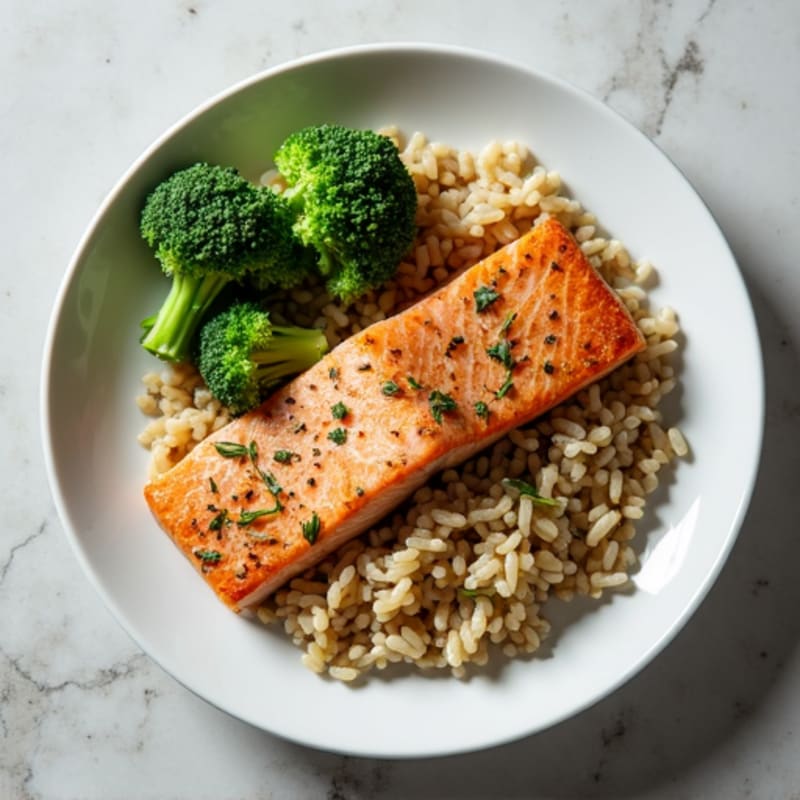 Herb-Roasted Salmon with Steamed Broccoli and Brown Rice