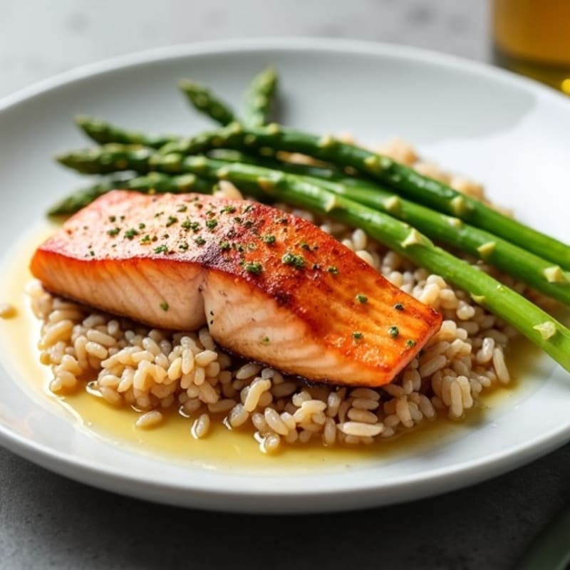 Seared Salmon with Steamed Asparagus and Brown Rice