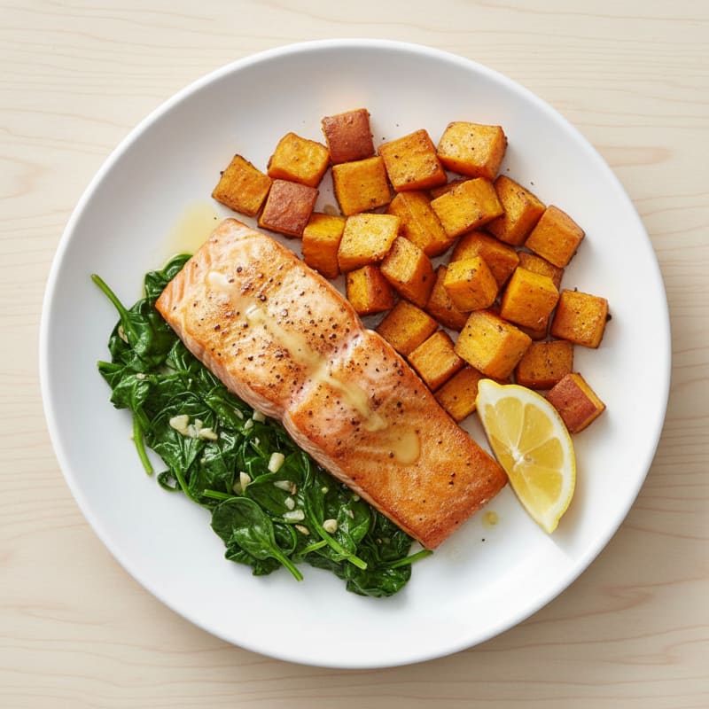 Seared Salmon with Garlic Spinach and Roasted Sweet Potatoes