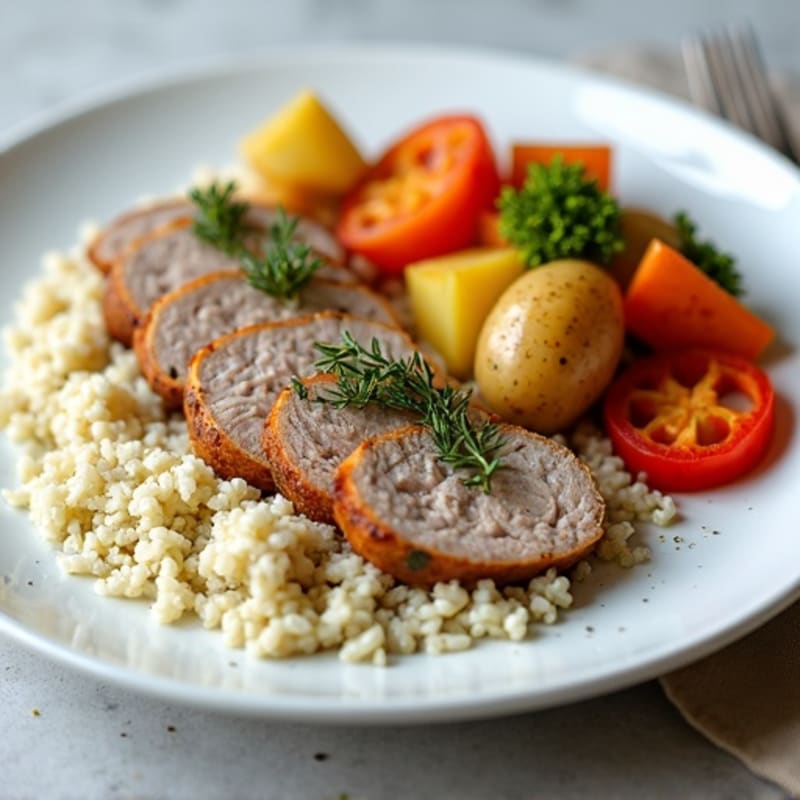 Pork Tenderloin with Roasted Vegetables and Herb Rice