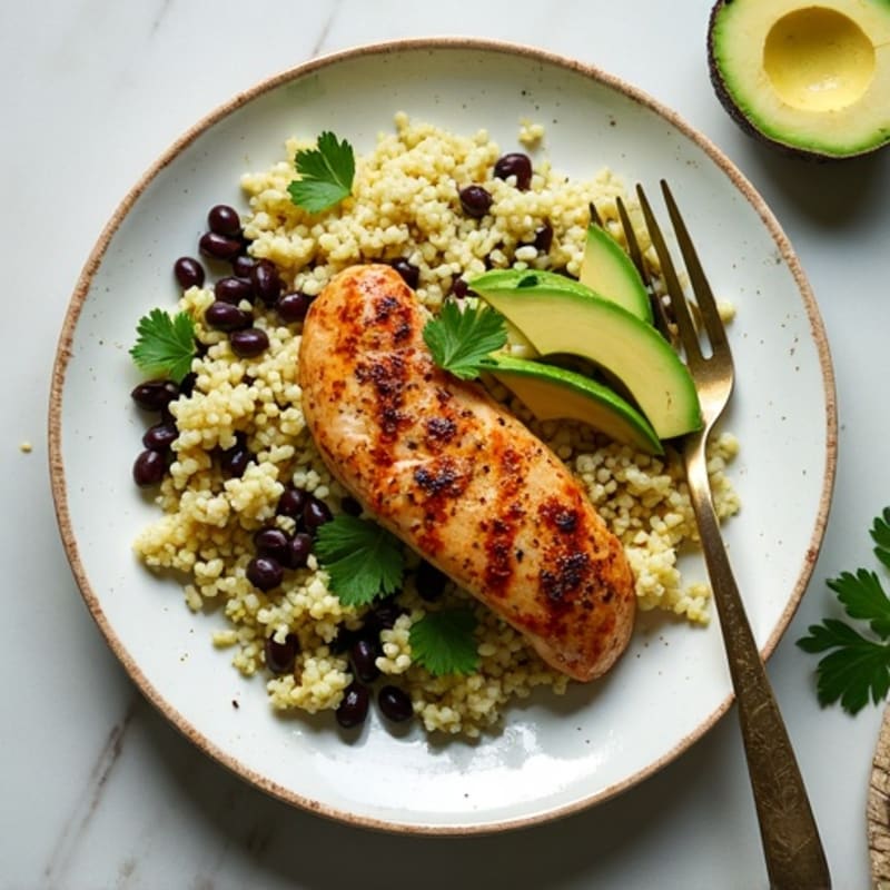 Smoky Chipotle Chicken with Cilantro-Lime Cauliflower Rice, Black Beans, and Creamy Avocado Dressing