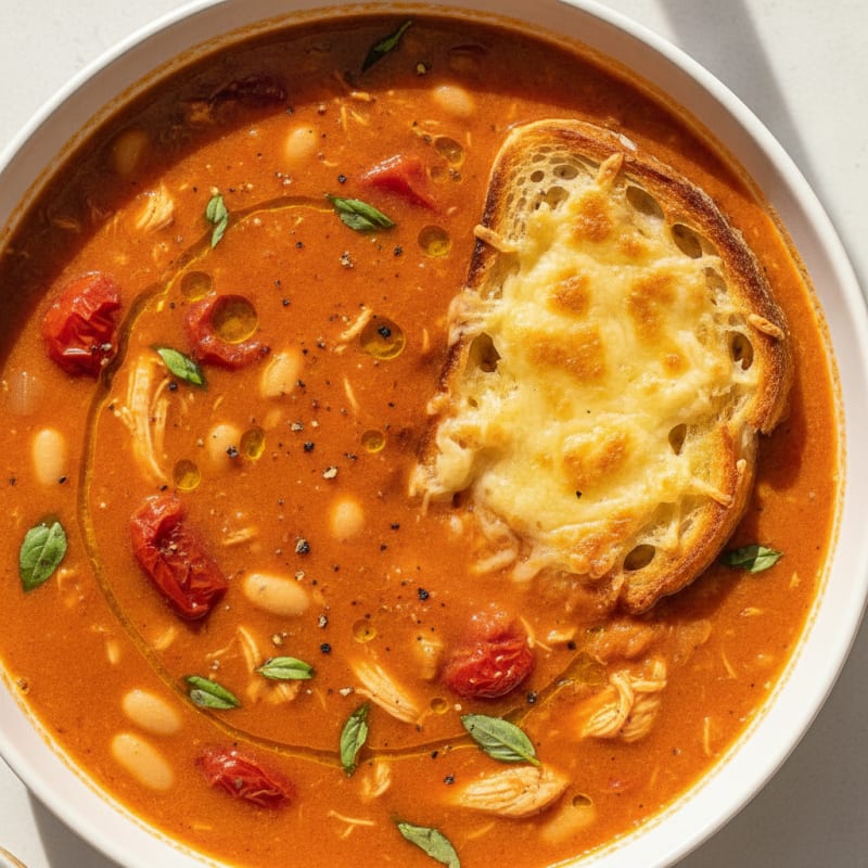Roasted Tomato Basil Soup with Parmesan Crostini