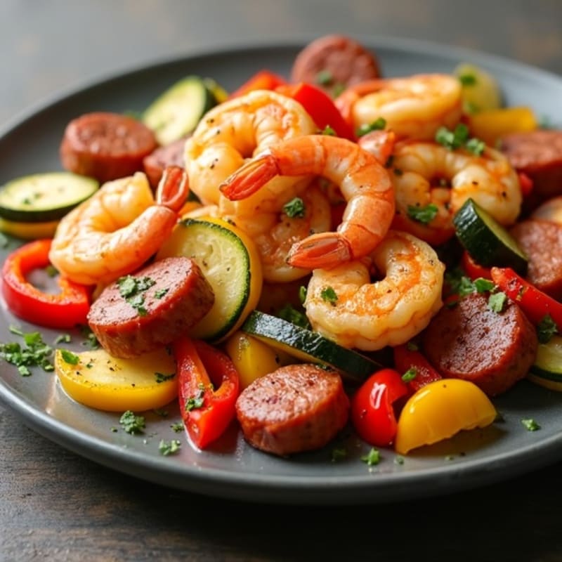 Spicy Chicken, Shrimp, and Sausage Skillet with Hearty Vegetables