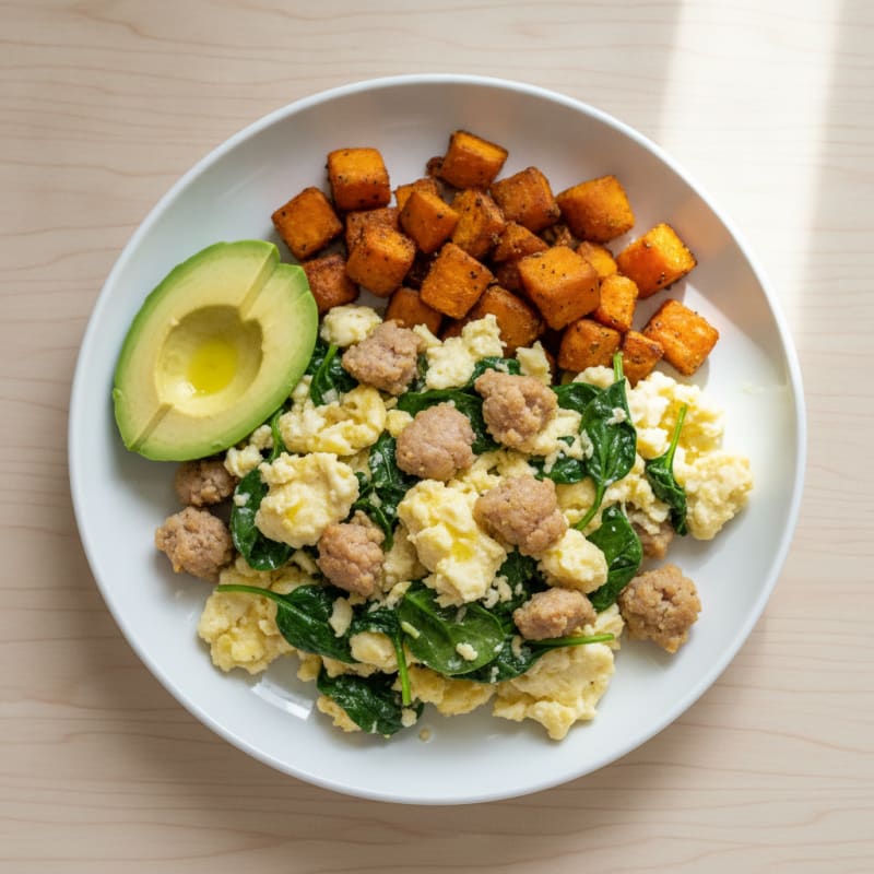 Egg White Scramble with Turkey Sausage and Spinach