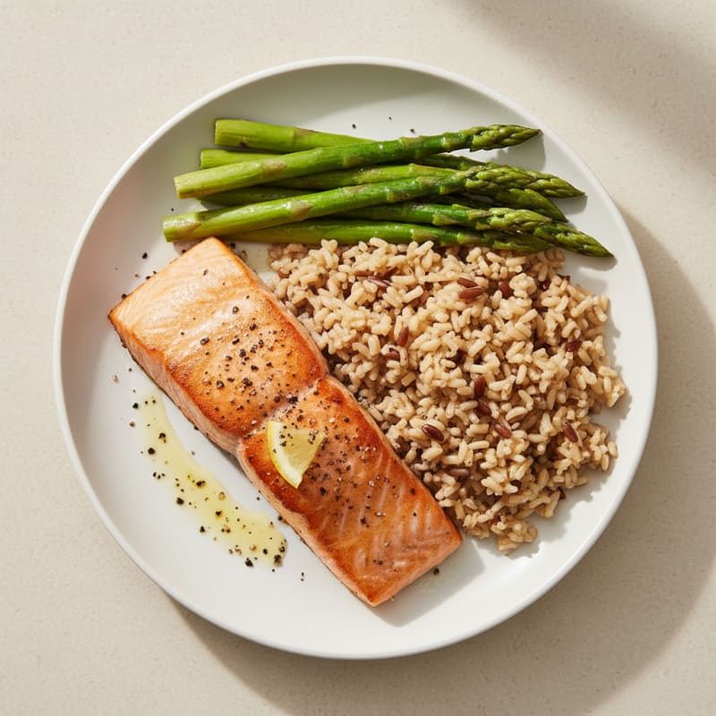 Seared Salmon with Steamed Asparagus and Brown Rice