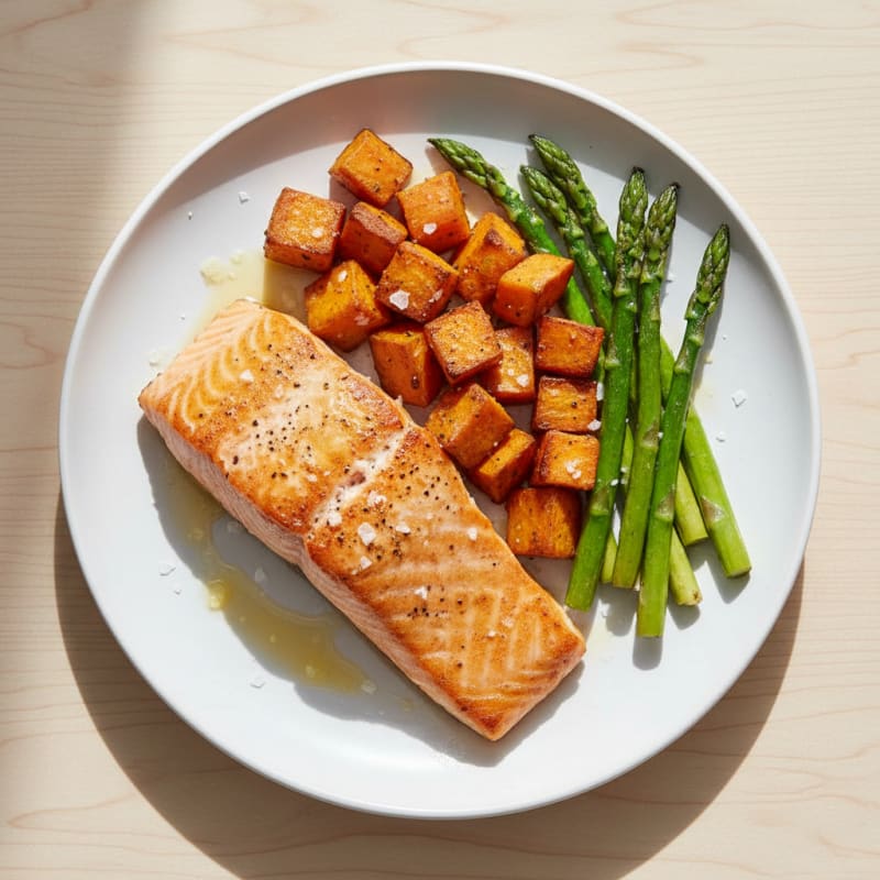 Seared Salmon Fillet with Roasted Sweet Potatoes and Asparagus