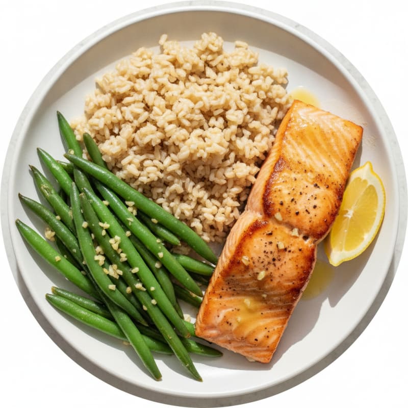 Seared Salmon with Garlic Green Beans and Brown Rice