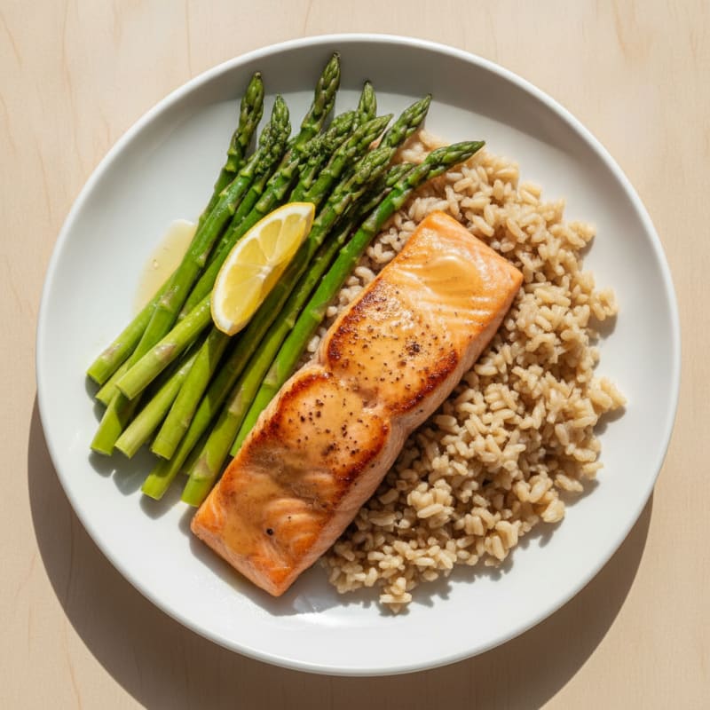 Seared Salmon Fillet with Steamed Asparagus and Brown Rice