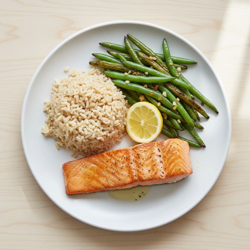 Seared Salmon Fillet with Garlic Green Beans and Brown Rice