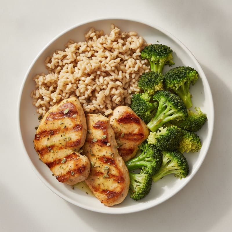 Lemon Herb Grilled Plant-Based Chicken with Steamed Broccoli and Brown Rice