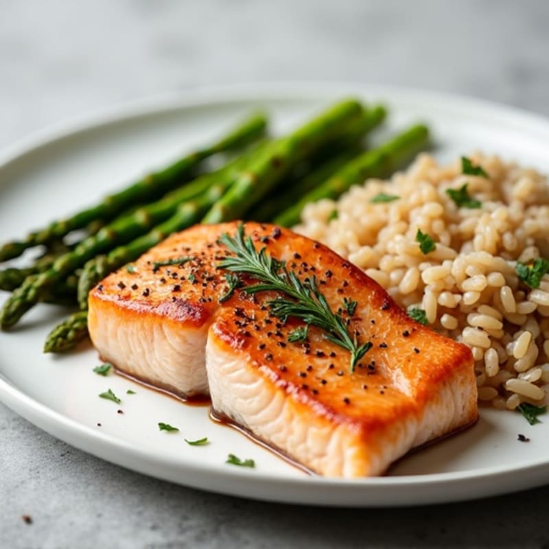 Seared Salmon Fillet with Steamed Asparagus and Brown Rice