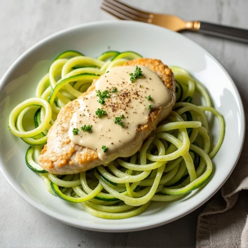 Creamy Cauliflower Alfredo Chicken with Zucchini Noodles