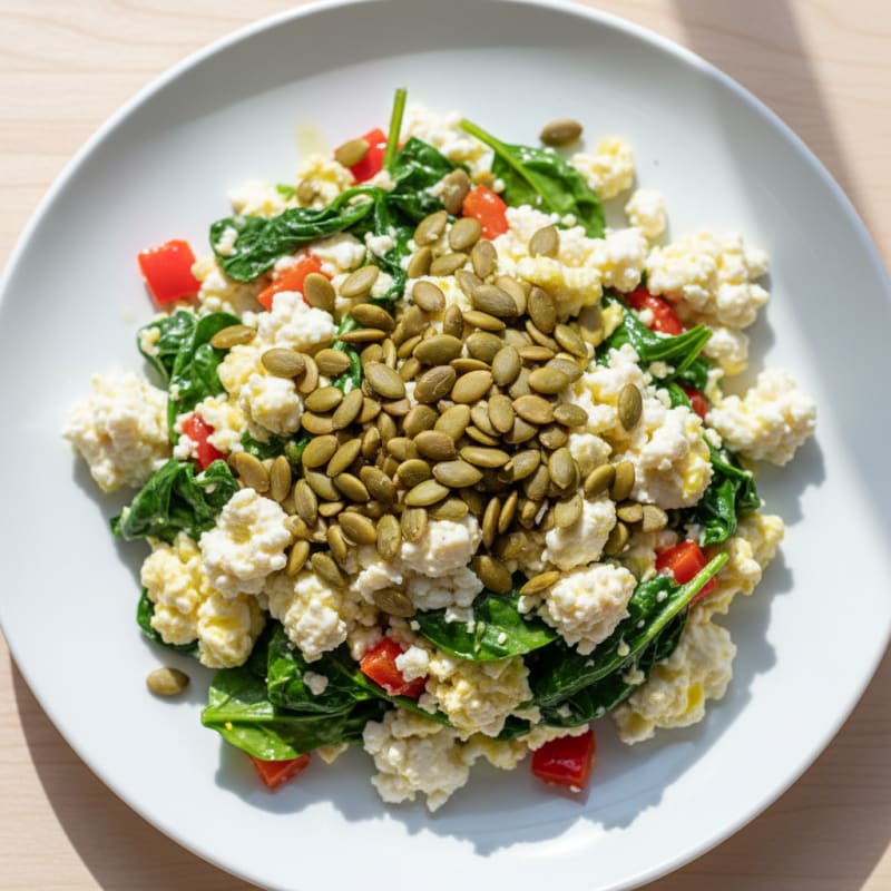 Egg White Vegetable Scramble with Cottage Cheese and Toasted Pumpkin Seeds