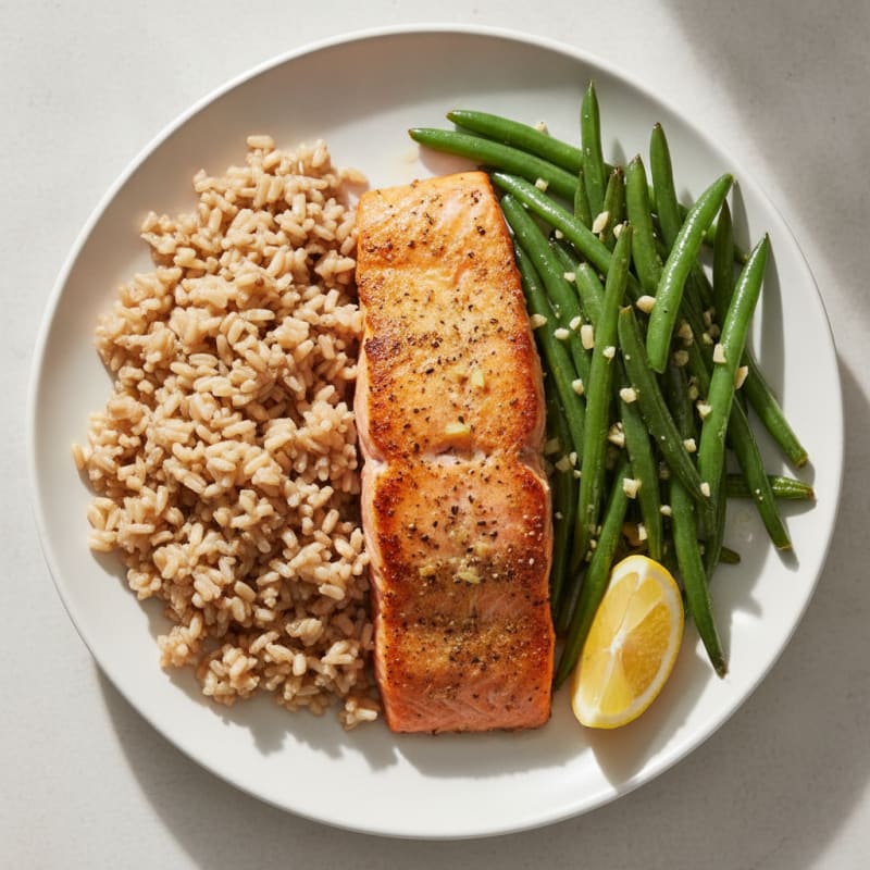 Seared Salmon Fillet with Garlic Green Beans and Brown Rice