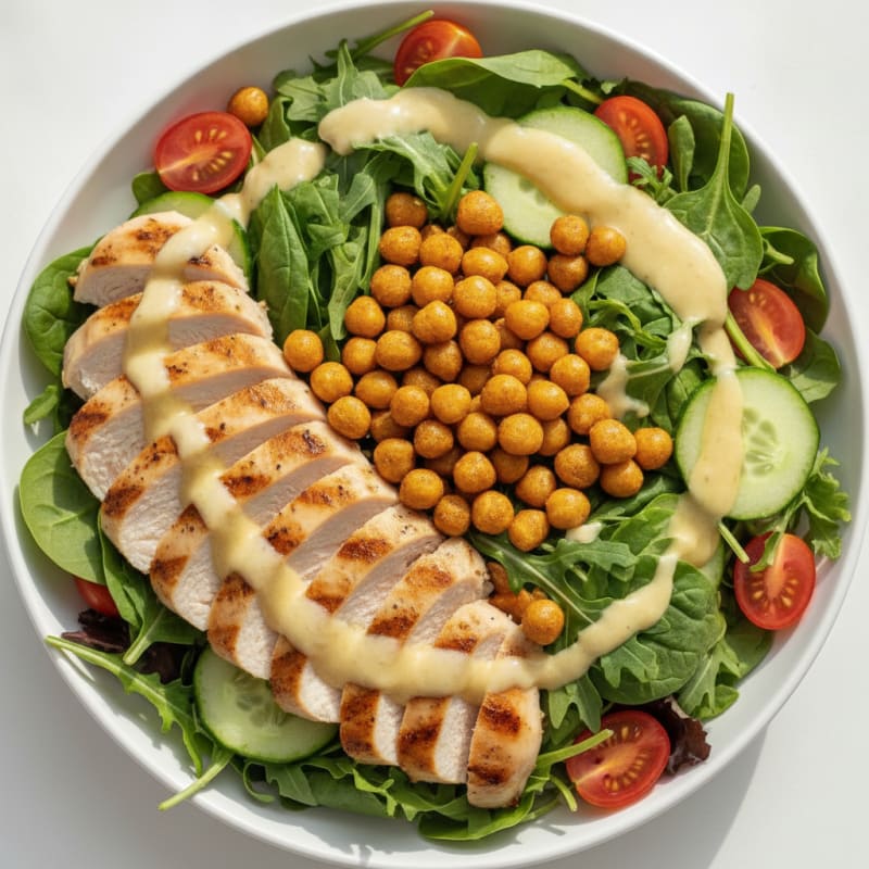 Grilled Chicken Breast Salad with Crunchy Chickpeas and Lemon-Tahini Dressing