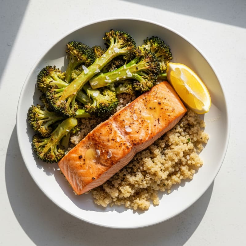 Seared Salmon with Roasted Broccoli and Quinoa