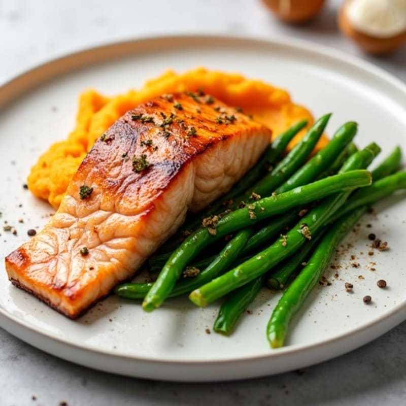 Seared Salmon with Steamed Green Beans and Sweet Potato Mash