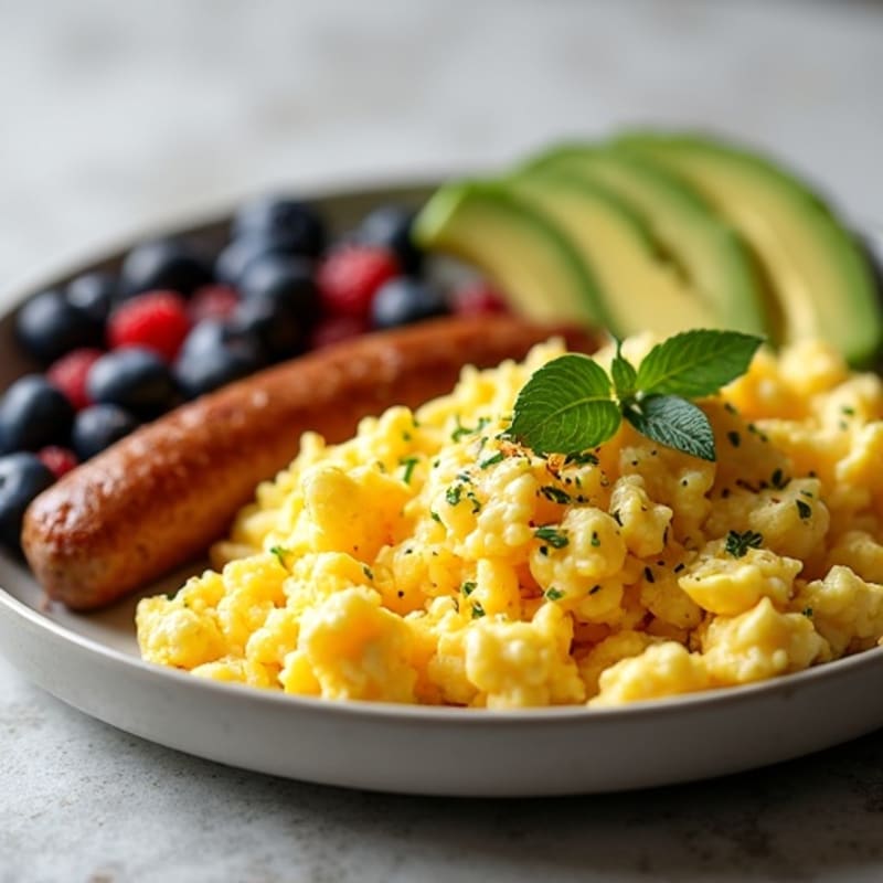 Scrambled Eggs with Turkey Sausage and Fresh Berries