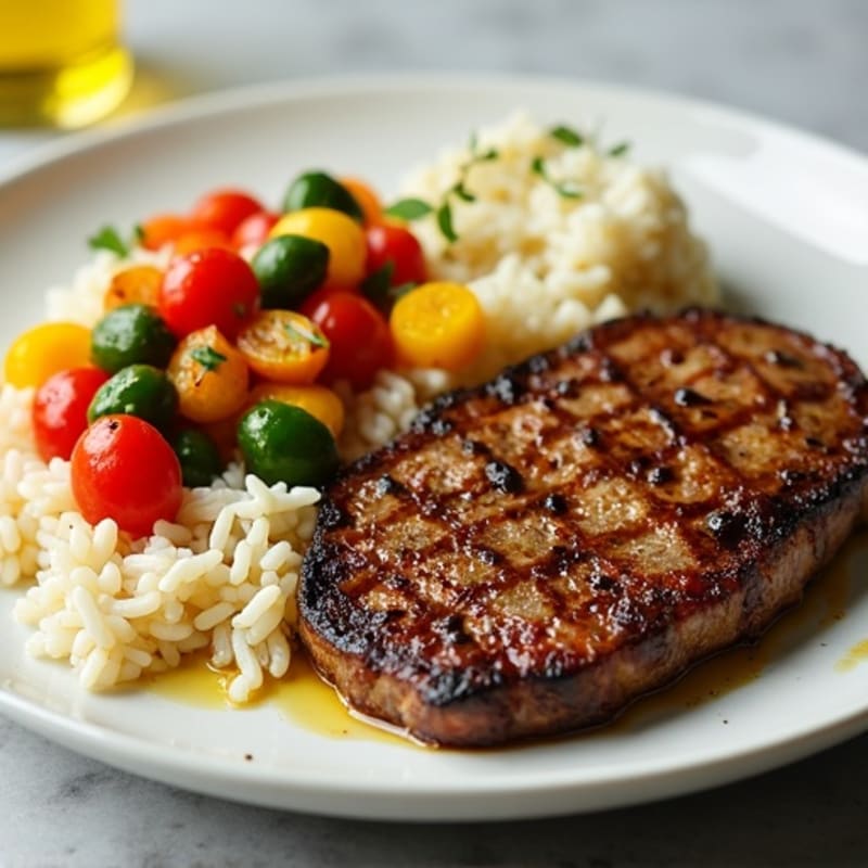 Seared Steak with Garlic Rice and Roasted Mixed Vegetables