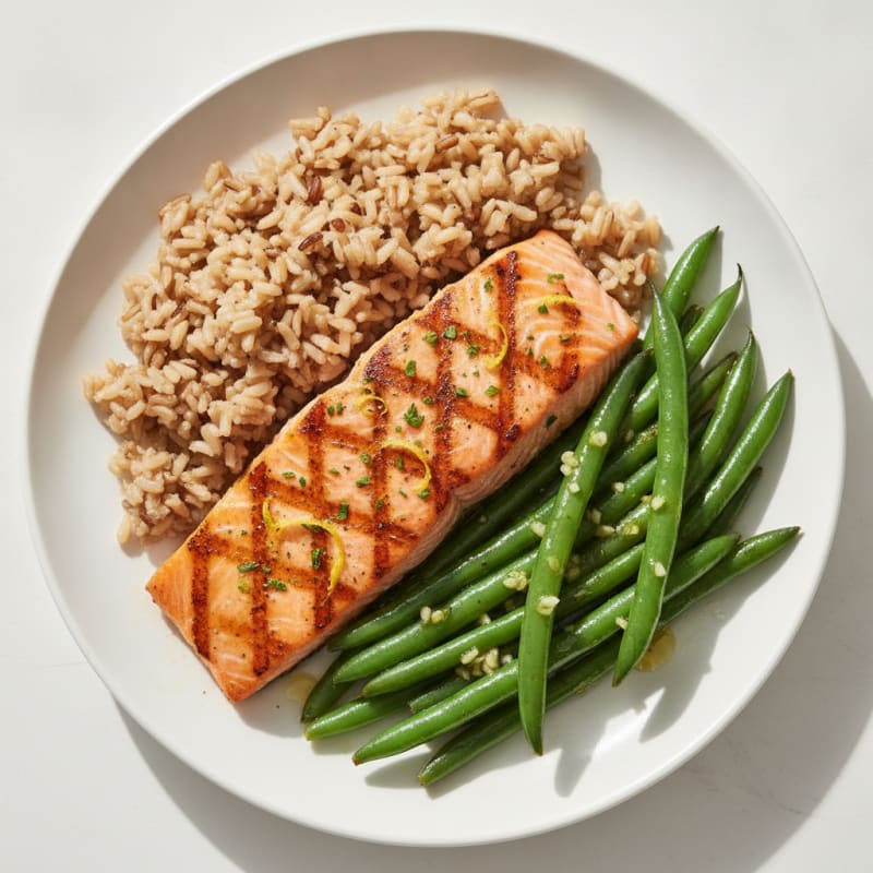 Grilled Salmon with Sautéed Green Beans and Brown Rice
