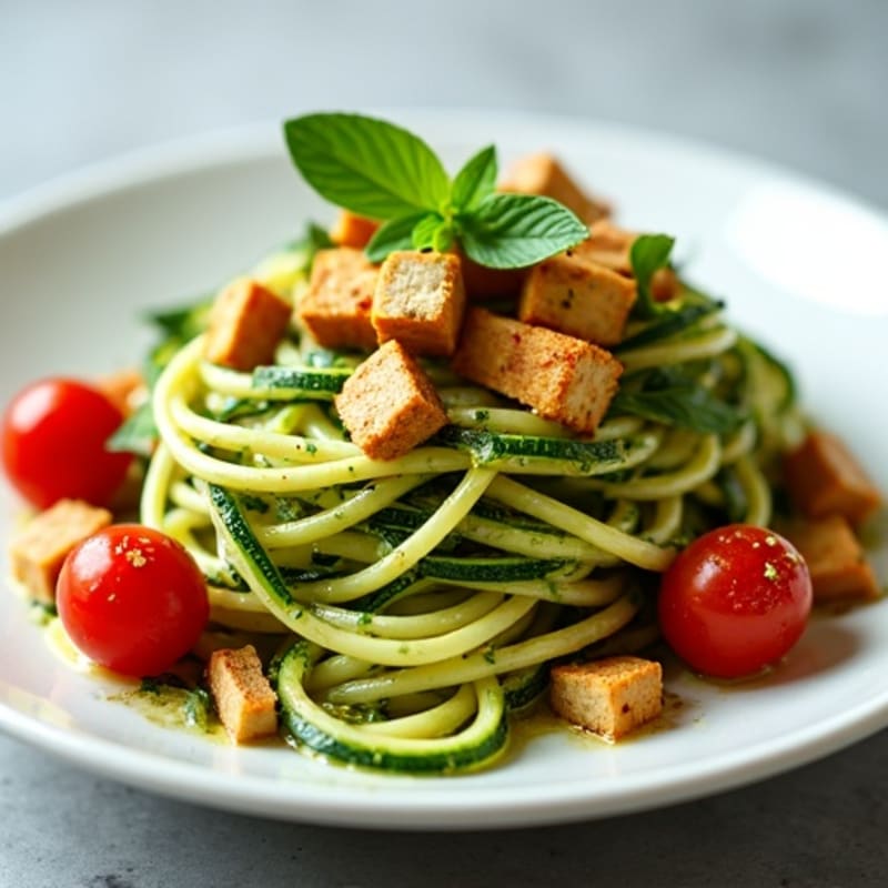 Creamy Vegan Pesto Zucchini Noodles with Roasted Cherry Tomatoes