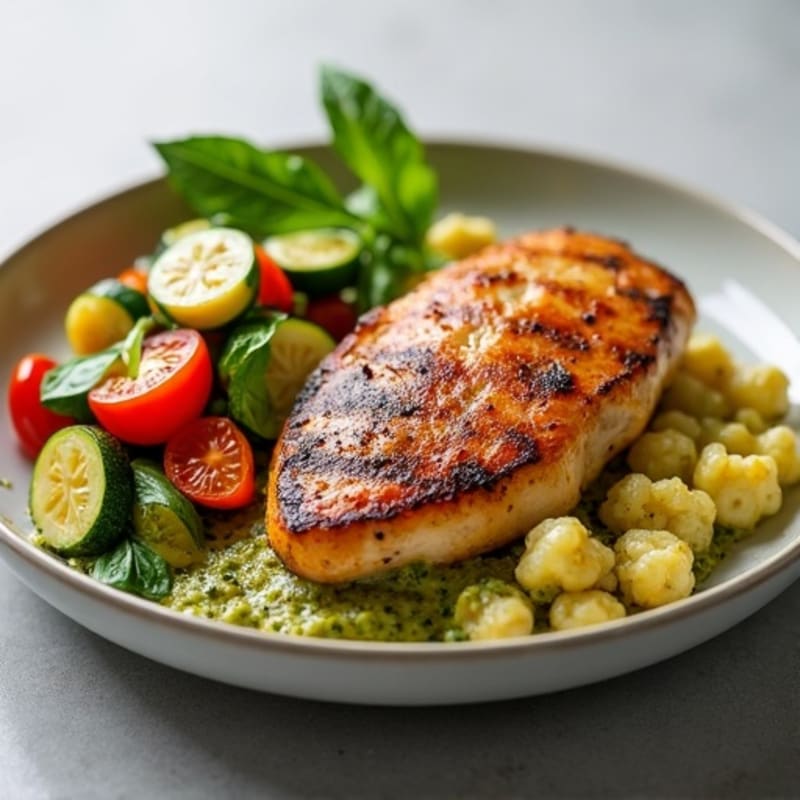 Seared Chicken with Crispy Cauliflower Gnocchi and Vibrant Pesto Vegetables