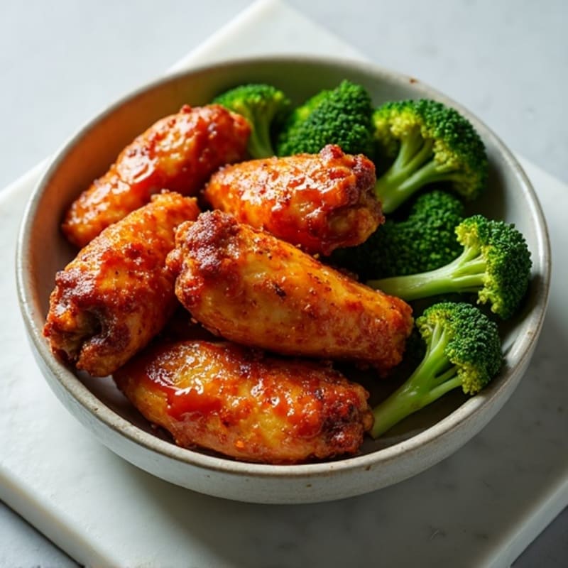Crispy Baked Spicy BBQ Chicken Wings with Roasted Broccoli