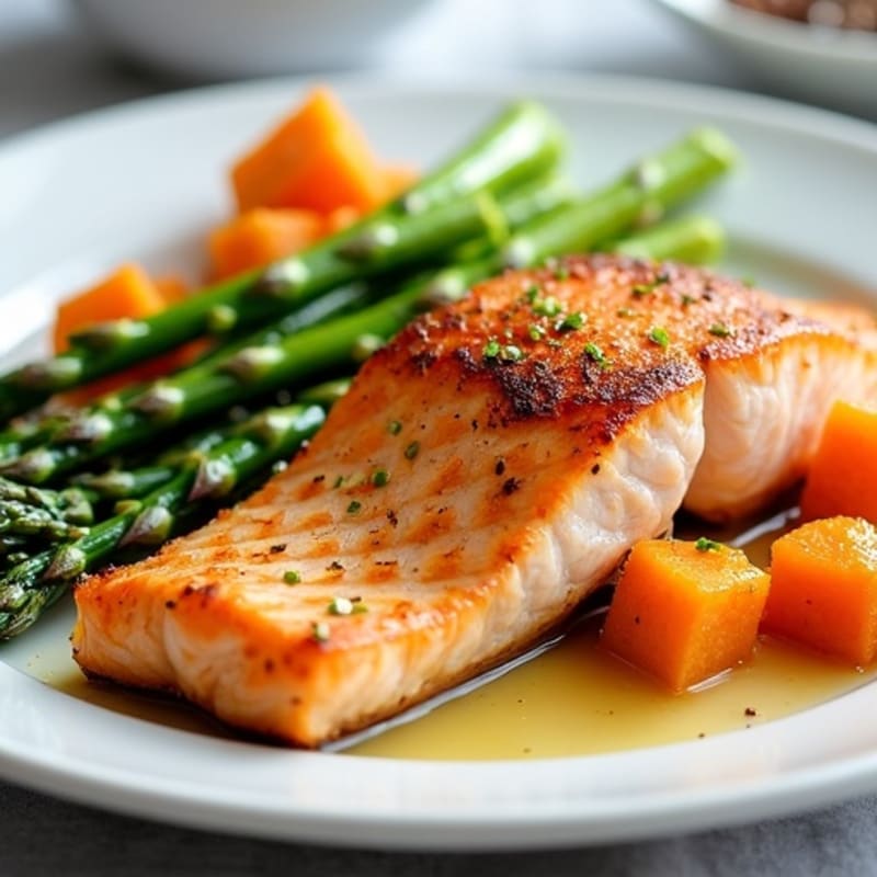 Seared Salmon with Roasted Sweet Potatoes and Asparagus