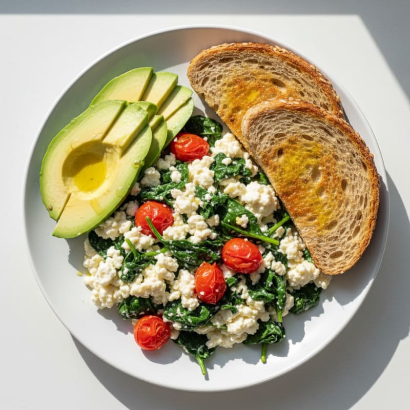Cottage Cheese Egg White Scramble with Sautéed Spinach and Cherry Tomatoes