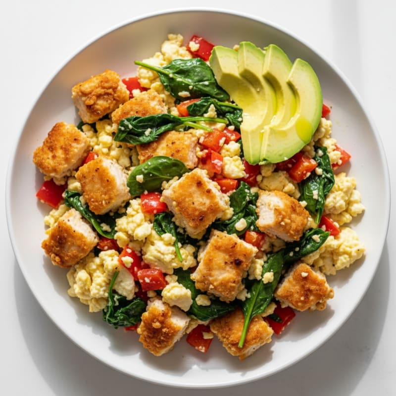 Crispy Chicken Egg White Scramble with Spinach and Peppers