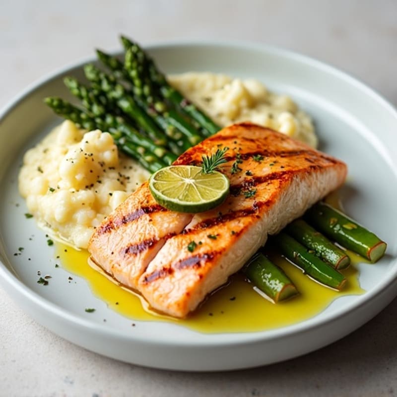 Grilled Salmon with Steamed Asparagus and Cauliflower Mash