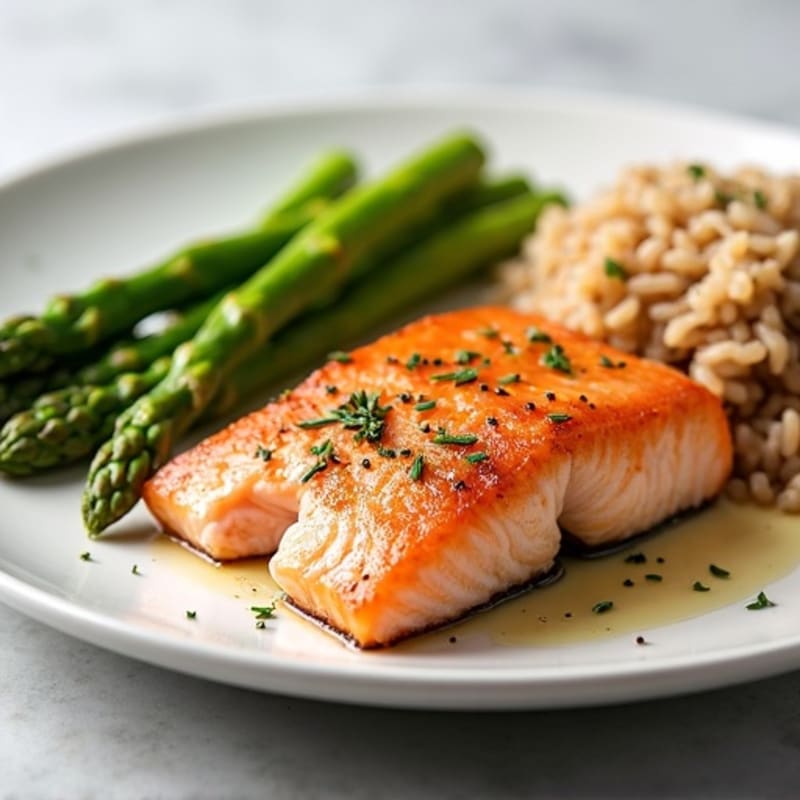 Seared Salmon with Steamed Asparagus and Brown Rice