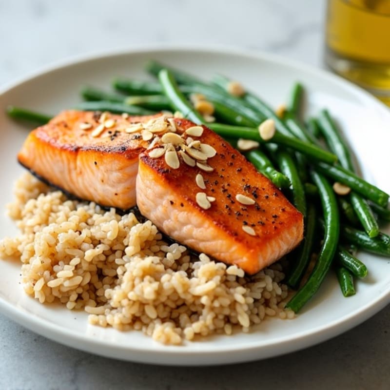 Seared Salmon Filet with Garlic Green Beans and Brown Rice
