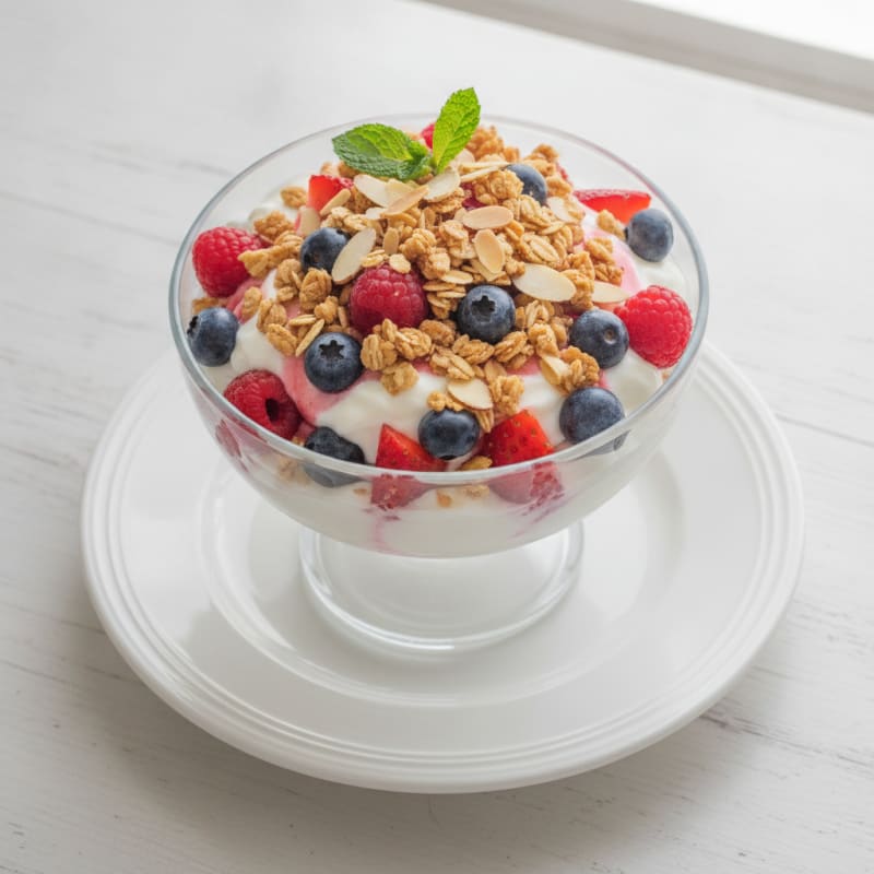 Greek Yogurt Parfait with Crunchy Almond Granola and Mixed Berries