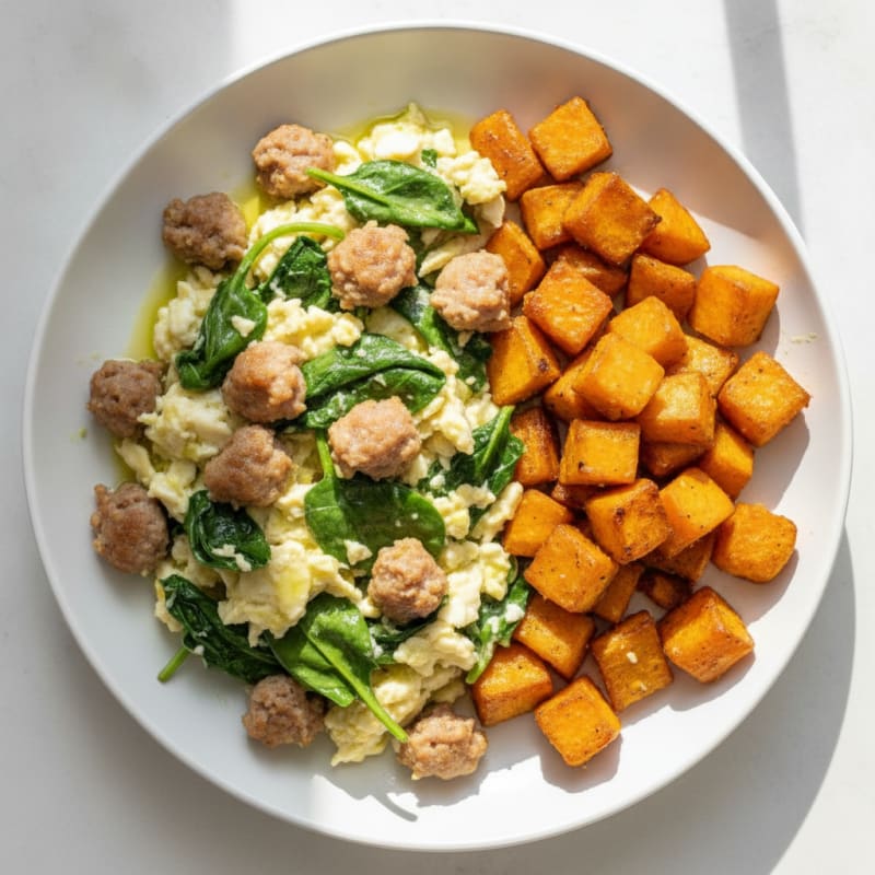 Egg White and Turkey Sausage Scramble with Spinach and Roasted Sweet Potato