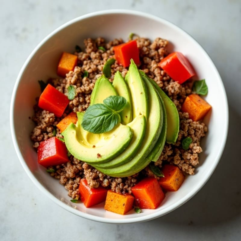 Crispy Roasted Sweet Potato Hash with Zesty Lean Ground Turkey and Creamy Avocado