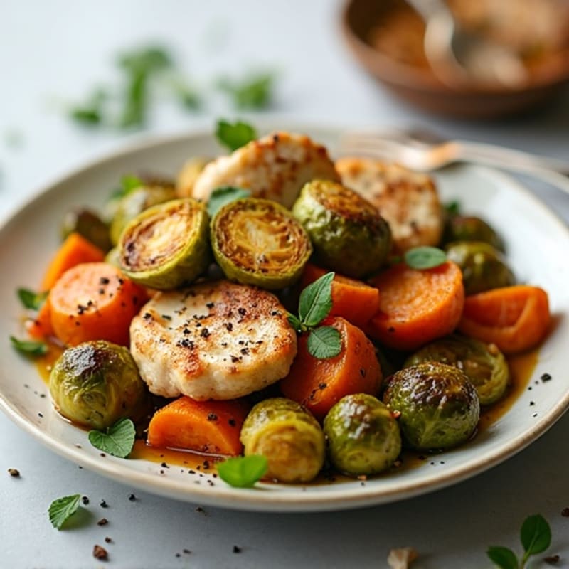 Sweet Potato and Chicken Skillet with Crispy Brussels Sprouts