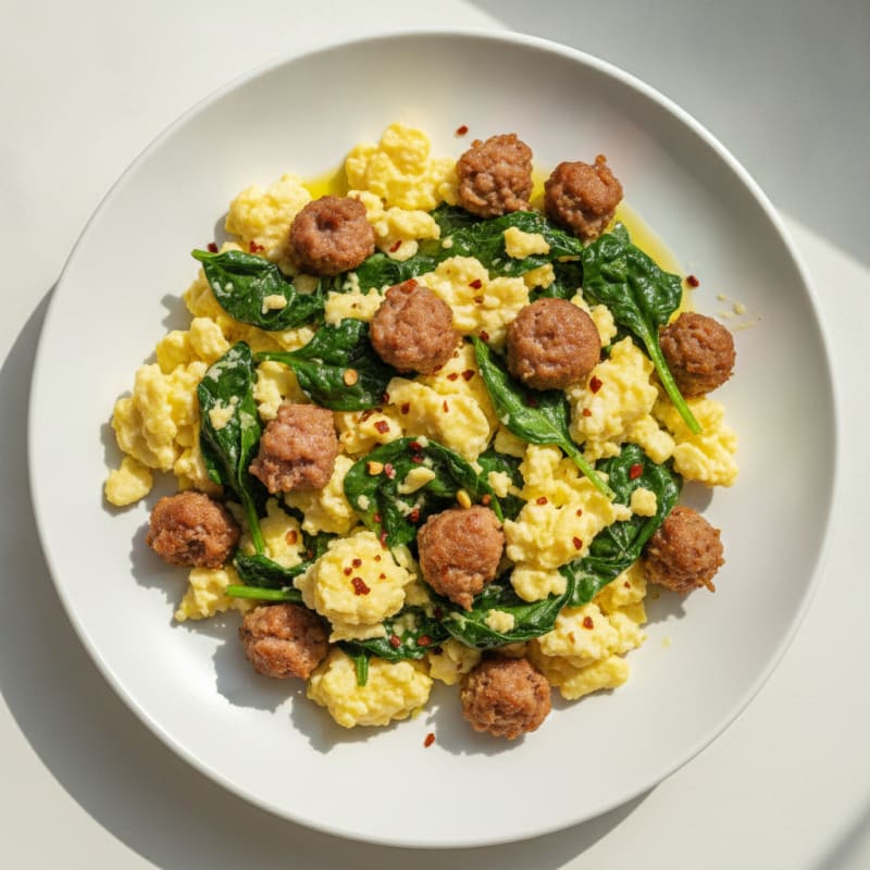 Egg White Scramble with Turkey Sausage and Sautéed Spinach